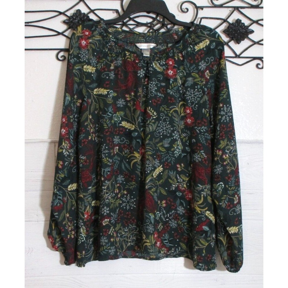 Christopher & Banks Boho Top Women's Size L Green Floral Long Sleeve Round Neck